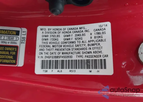 2015 Honda Civic Ex z USA, uszkodzony, nr VIN 2HGFG3B85FH503930